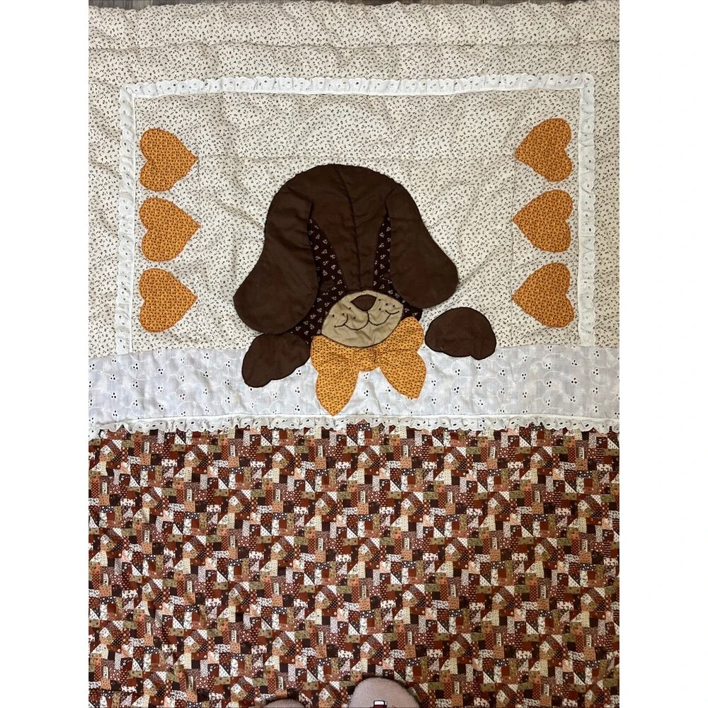 1970 Vintage Puppy Love, Gingham Goose Baby Kids Crib Quilt Blanket 55x37
